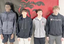 Four Gregory High School boys basketball players were recently recognized with conference honors. Shown l to r, Daniel Mitchell was named to both the SESD and SCC allconference teams, Noah Bearshield was named to the SCC all-conference team, Cruz Klundt was named to both the SESD and SCC all-conference teams, and Jack Bolander received SCC honorable mention. Gregory finished the season with a 5-0 conference record. photo)