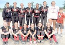 Gregory 14U softball team, back row, l to r: Coach Sarah Sperl, Ella Sperl, Miley Janak, Adelyn Veskrna, Cierra Graesser, Regan Graesser, Coach Gracie Kenzy, and batboy Sawyer Sperl. Front row, l to r: Charissa Ring, Mia Haines, Marisa Fischer, Kennley Sedlacek, Abby Holmes, and Sadie Carlson.