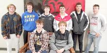 Eight Gregory football players were named to the All-Conference team. Nathan Fortuna, far left, and Jayden Graber, far right, were honorable mention selections, and Rylan Peck, Owen Hansen, Trey Murray, and Gunnar Stephens, standing, and Eli Fogel and Kade Stukel, seated, were named first team all-conference.