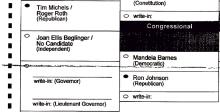 This ballot has a fold line across an oval, which the machine read as a vote and considered it an over vote with two ovals marked.