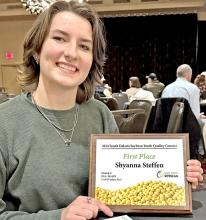 Shyanna Steffen entered the soybean youth quality contest this past summer and turned in her results after harvest. She earned first place for her accomplishment, and was recognized at the SD Soybean Association Banquet in Sioux Falls. In addition to her plaque, Steffen was awarded a donation for the Gregory County FFA Chapter. Steffen is the first Gregory County FFA member to compete in this contest.