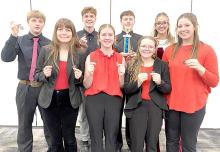 Oral Interpretation District winners were, back row, l to r: Bo Brozik, George Timanus, Cruz Klundt, and Aubree Miller. Front row, l to r: Piper Bartlett, Dani Timanus, Madi Graber, and Ella Sperl. (Photo by Ronda Graber)