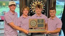 The Gregory boys golf team of Coy Determan, Kade Stukel, Eli Fogel, and Trey Murray, shown l to r, won the state golf tournament, tied for the individual title (Coy), and all placed in the top 15.