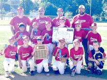 The Gregory 1 Rookies are shown here with their championship plaque and bracket from the Bob Haley Memorial Rookie Classic in Winner, June 29-30. Back row, l to r: Coach Jason Grim, Coach Duane Lunne, Coach Nick Reber, and Coach Blaine Bolander. Middle row, l to r: Jaxon Miller, Ruger Rolf, Kasen McIntosh, William Bolander, Copen Finley, and Odin Reber. Front row, l to r: Uriah Ekroth, Remington Rolf, Briggs Shaffer, Misuh Braun, Zane Sedlacek, and Cooper Odenbach.