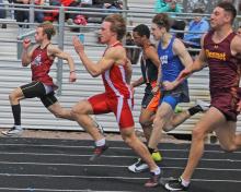Kade Stukel claimed a first place finish in the 100 meter dash with a time of 11 seconds at the Redfield Relays.