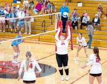 Hannah Hiser, #34, sets the ball for the Gregory Spikers in last Tuesday’s win against Bon Homme. (Photo by Callie Jo Photography)