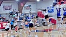 Dani VanDerWerff puts the ball over the net against Parkston last Tuesday at home. (Photo by Brenlee Braun)