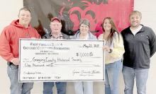 The Gregory Community Foundation presented a grant check for $1,000 to Rich and Bev Rubel, second and third from left, representing the Gregory County Historical Society. The grant is being used to help fund the restoration/ renovation project of the Gregory County Historical Museum that is the former Catholic Church in Dallas. Foundation members presenting the check were l to r: Mark Braun, Aliza Wonnenberg, and Kevin Myrmoe.