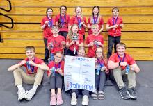 Gregory’s middle school teams are back row, 8th grade champions, l to r: Emma Brozik, Hadley Braun, Gracelyn Lanz, Ava Schweigert, and Otto Reber; middle row, second place 7th grade team, l to r: Robbie Ring, Harper Wenger, and Emmett Shaffer; and front row, 6th grade champions, l to r: Dylan Bolander, Sutton Braun, Kate Engel, Mayme Reber, and Ian Opp.