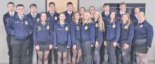 FFA members who competed in the district LDE in Mitchell are, back row, l to r: Cody Williams, Dawson York, Carson Peck, Jaden Swan, Taylor Even, Aubree Miller, Nick Kenzy, William Sinkular, and Fin Adams; front row, l to r: Leo Mosterd, Savannah Schrader, Sam Parkis, Lily Jacobsen, Kaydence Klein, Daytona Paris, Ava Kerner, and Dori Bruns.