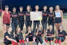 Gregory 14U softball team, back row, l to r: Coach Sarah Sperl, Sierra Graesser, Shyanna Steffen, Ella Sperl, Dani VanDerWerff, Regan Graesser, Kaydence Klein, and Coach Gracie Kenzy. Front row, l to r: Kaelynn Rezac, Mia Haines, Marisa Fischer, Miley Janak, Sadie Carlson, and Adelyn Veskrna.