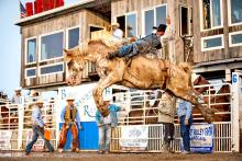 Andy Gingrich of Aberdeen, SD, aboard Muddy Creek Pro-Rodeo’s NFR Bareback Pejuta Hota (Strong Medicine). at the 2024 Burke Stampede Rodeo.