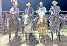 The Dallas Ranch Rodeo was held Saturday, July 5, 2025 at the Dallas Arena, in Dallas, SD. Twelve teams participated, with four members on each team. The Ranch Rodeo consisted of four events including trailer loading, mugging and yoking, branding and doctoring, and a relay race. Winners are shown l to r: Brandon Sears, Jake Coburn, Joan Perez, and Justin Dearmont.