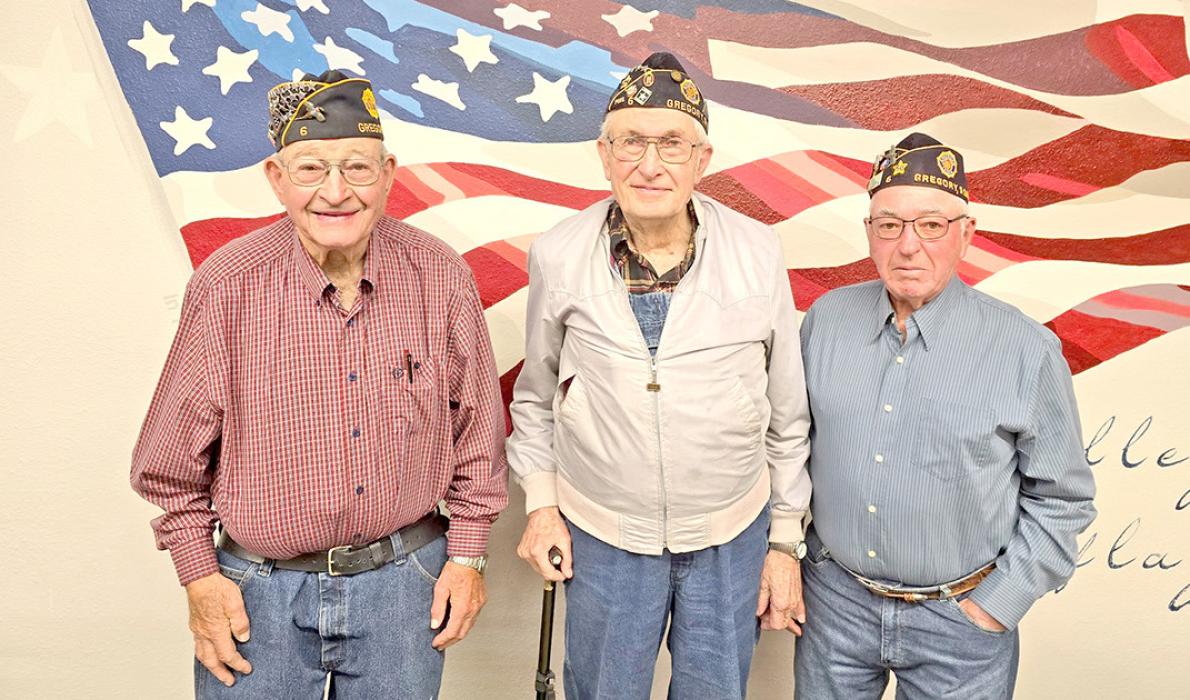 Recognized for their longstanding commitment to the Gregory American Legion were (from left) Gerald Gergen, 50-year member; Denny Miner, 60-year member; and Ron Shattuck, 60-year member. The three veterans were honored during a recent Legion gathering for their combined 170 years of continuous membership.