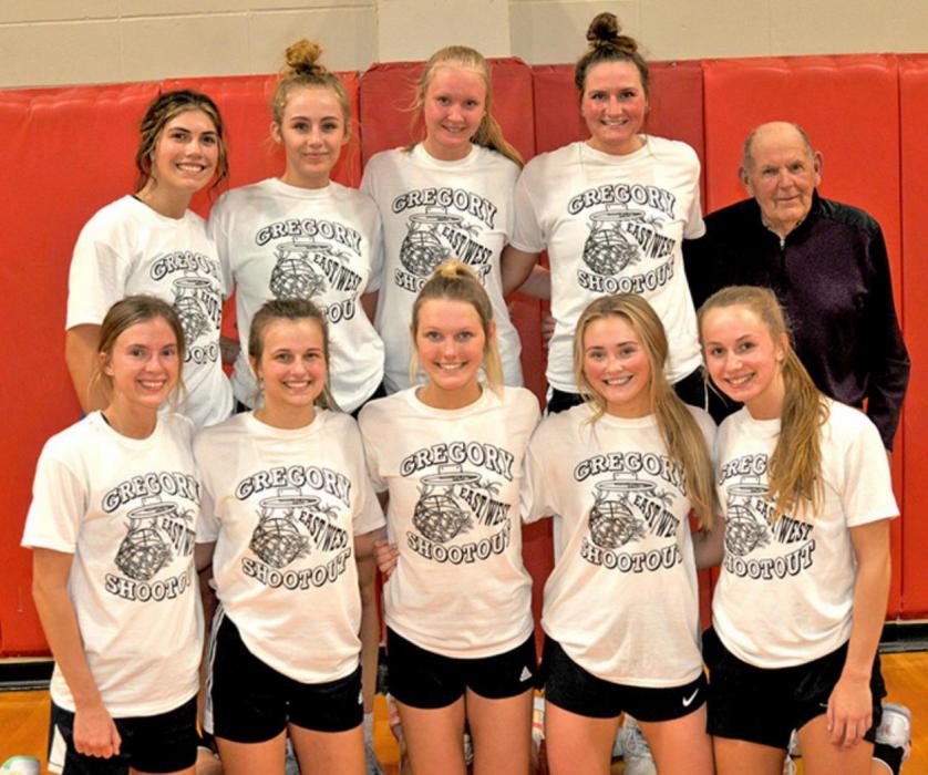 Senior All-Star east girls team included back row, l to r: Audrey Sayler (S), Jayslee Petersen (C), Lexie Vander Pol (AC/DC), Mya Knippling (C), and Coach for the east girls and boys teams, Jack Clark. Front row, l to r: Allison Ziebart (P), Brielle Bruening (P), Tiffany Pelton (A), Samantha Brodeen (A), and Jayd Chmela (C).