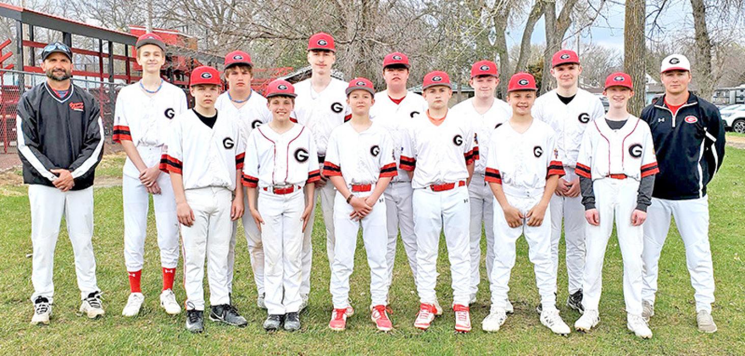 The Gregory County junior varsity spring baseball team is, l to r: Coach Jason Frasch, Jacoby Schonebaum, Trenton Massa, Ryggan Lambley, Otto Reber, Cooper Feyereisen, AJ Lutt, Andy Simpson, Tucker Krcil, Zach Wheeler, Gabe Ekroth, Caden Wittmeier, Oakley Fuhrer, and Assistant Coach Aaron Sundquist.