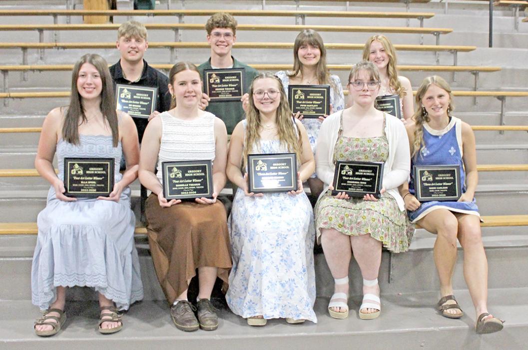 Three- and four-arts letter winners are, back row, l to r: Bo Brozik (3), George Timanus (4), Piper Bartlett (4), and Mia Haines (4); front row, l to r: Ella Sperl (4), Danielle Tiamnus (4), Madisan Graber (3), Charissa Ring (4), and Sadie Carlson (3).