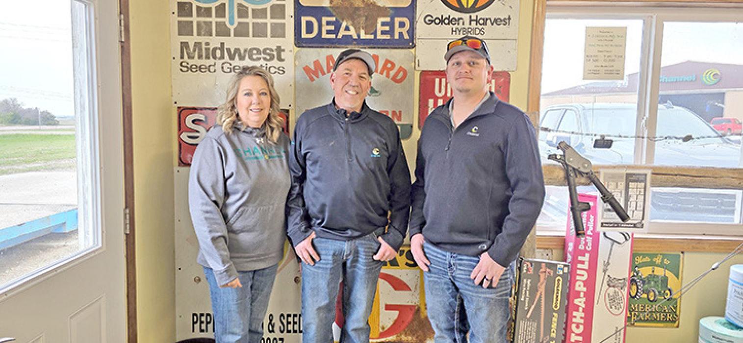 Juli and Tim Peppel, of Four Seasons Ag, and Rhiley Ellwanger, of Channel Seeds, shown l to r, are ready to help their customers with a variety of ag needs.