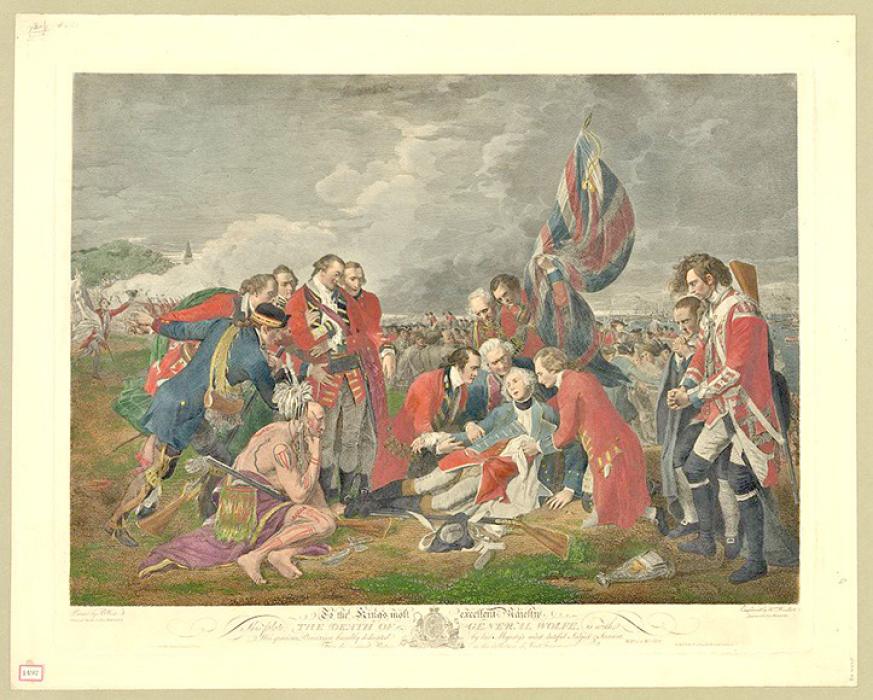 British Army officer Major General James Wolfe secured a pivotal victory in the French and Indian War by capturing Quebec in 1759. His victory was a turning point, ensuring British control over North America. He was shot three times during the battle and died shortly after. The Death of General Wolfe / painted by B. West. (In the public domain.)