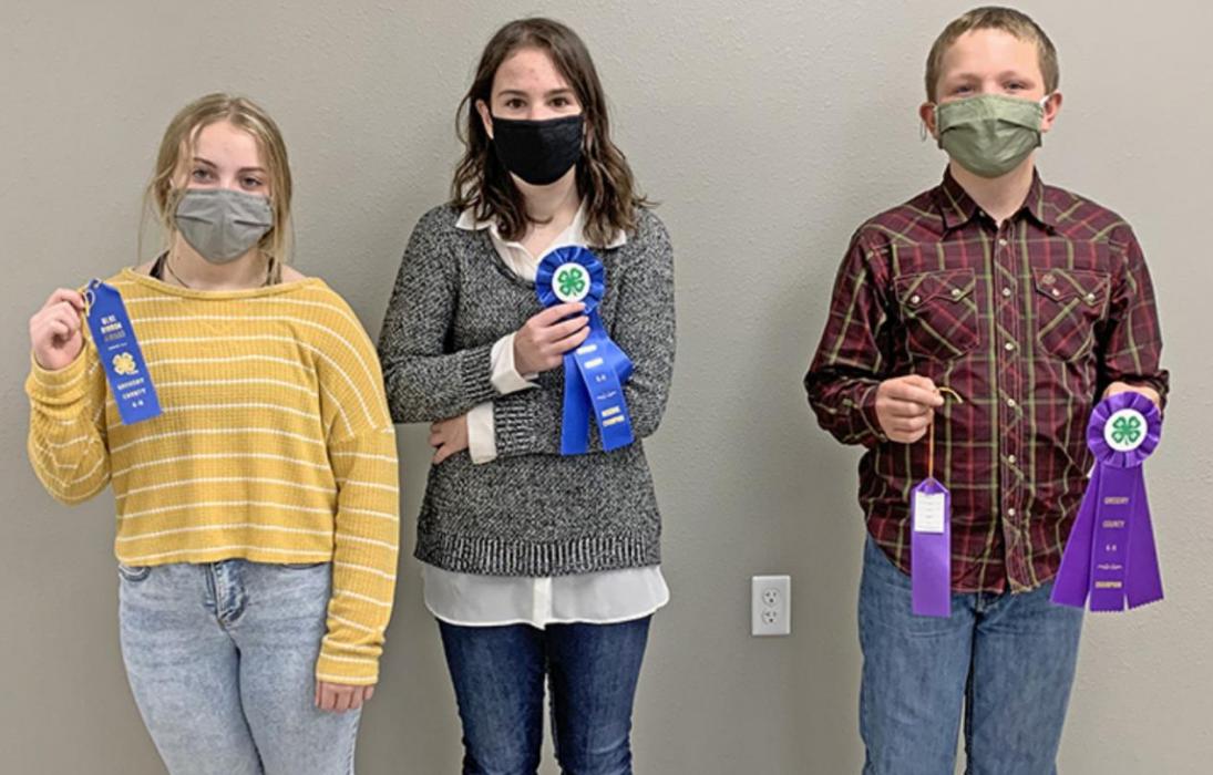 Left to right: Kyrie Matucha (blue ribbon), Dani Carlson (reserve champion junior illustrated talk), and Dale Smikle (champion junior illustrated talk).