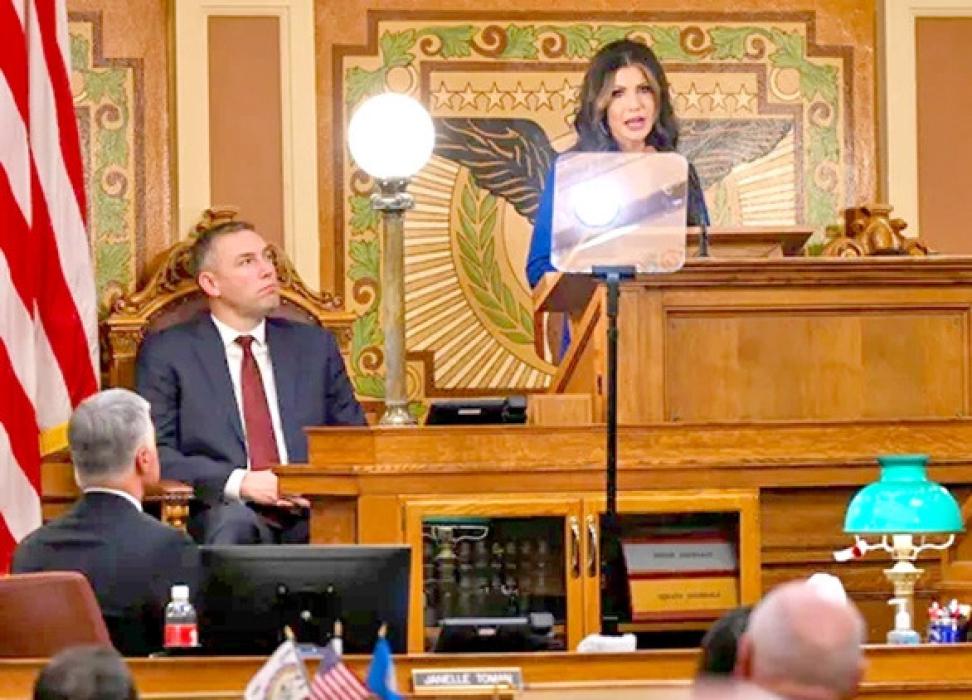 Gov. Kristi Noem delivers the state of the state address inside the House of Representatives chamber on Tuesday, Jan. 14, 2025, at the South Dakota State Capitol in Pierre, South Dakota. (Photo by Samantha Laurey / Argus Leader)