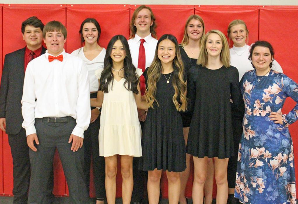 Oral interpretation winners at the local level are pictured back row, l to r: Eli Barreto, Anna Dargatz, Christian Spann, Dakota Timanus, and Gracie Kenzy. Front row, l to r: Jaden Graber, Cindy Khuu, Nancy Khuu, Ashtyn Waldner, and Ravyn Oliver. (Photo by Ronda Graber)