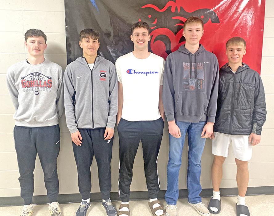 Five members of the boys basketball team received postseason honors. Pictured l to r are Cruz Klundt, All-Conference South Eastern South Dakota Conference (SESD) and South Central Conference (SCC); Noah Bearshield, All-Conference SESD and SCC; Cole Serr, Honorable Mention SCC; Colt Keiser, All-Conference SESD and SCC; and Lincoln Juracek, All-Conference SCC.