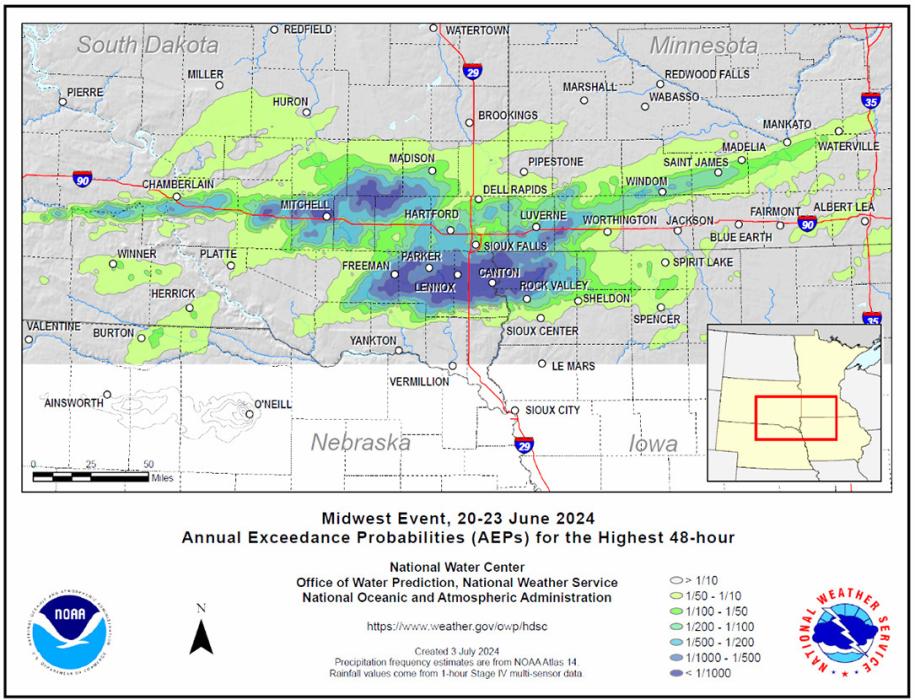 This map from the National Weather Service and NOAA shows the areas that were hit with historic 48-hour rainfall earlier this summer that led to widespread flooding throughout the state as well as states down river.