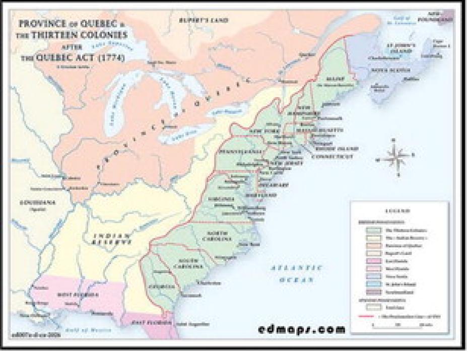 The Quebec Act of 1774 expanded the Province of Quebec southward into territory that included portions of presentday Ohio, Indiana, Michigan and Minnesota. The act also restored French civil law and expanded religious rights for Catholics in Quebec.