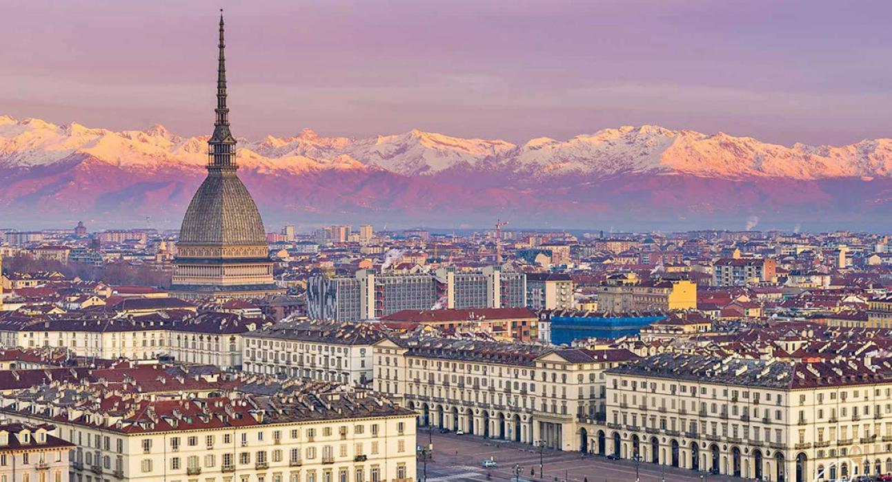 Mole Antonelliana towers above the skyline of Turin. An architectural landmark of the city of Turin, it was initially conceived as a synagogue. It now houses the National Cinema Museum. With a height of 167.5 metres, it was the tallest brick building in Europe at the time it was completed in 1889.