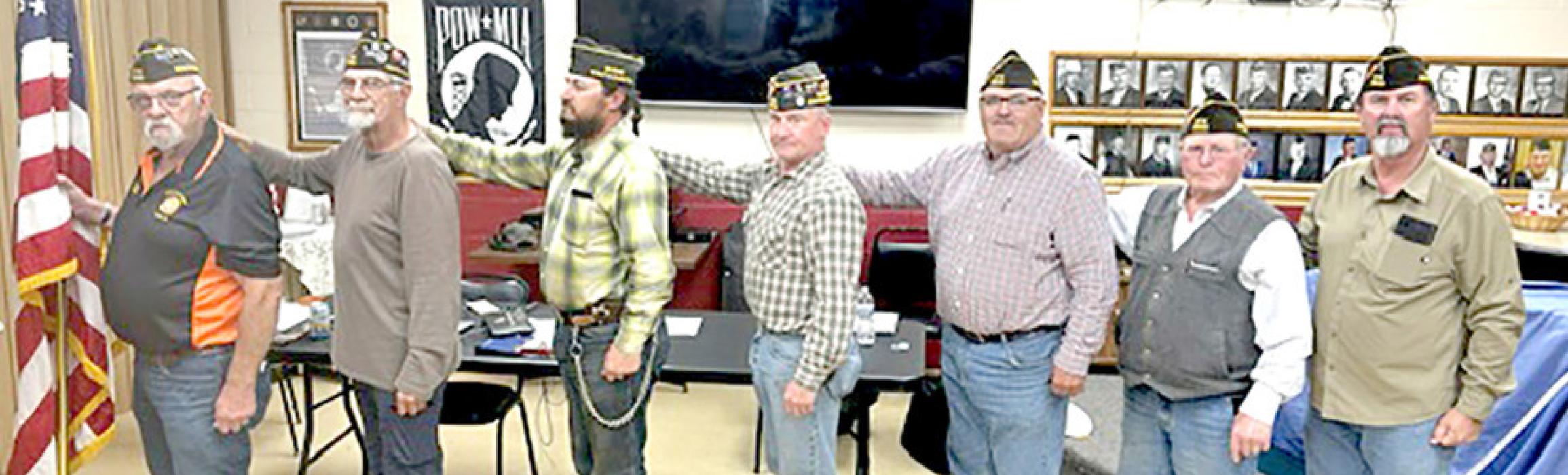 Don Soesbe, (not shown) Past Commander, administered the oath of office to, l to r: Dennis Pense, Commander; Gary Vomacka First Vice.; Mike Kayl, Second Vice; Chad Bauld, Adjutant; Roland Holub, Chaplain; Richard Rubel, Trustee; and Greg Smith, Trustee.
