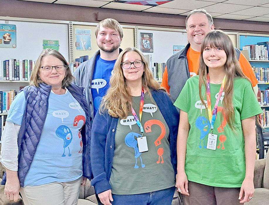 Shown, back row, l to r: Josh Easter, equipment and audio production manager for the accessible library services department, and George Seamon, State Librarian; front row, l to r: Kathleen Slocum, SD accessible library services manager; Tara Engel, Gregory Public Library director; and Piper Bartlett, Gregory Public Library teen library assistant.