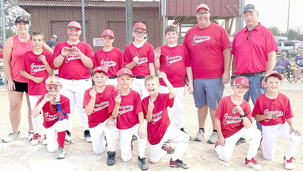 The Gregory 2 Minor team consisted of back row, l to r: Coach Sarah Sperl, Slade Webster, Ian Opp, Bryden Dehning, Ryker Desmet, AJ Timanus, Coach Jared Opp, and Coach Ryan Desmet. Front row, l to r: Caleb Collins, Sully Sperl, Aiden Stevicks, Zach Kolbe, Jace Beck, and Jace Birkel.