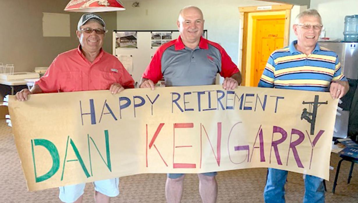 Dan Krueger, Ken Cerny, and Garry Wetzler, shown l to r, all retired from Rosebud Electric at the end of June after many years of service. They are shown here at their retirement party, held at the Gregory Golf Course.