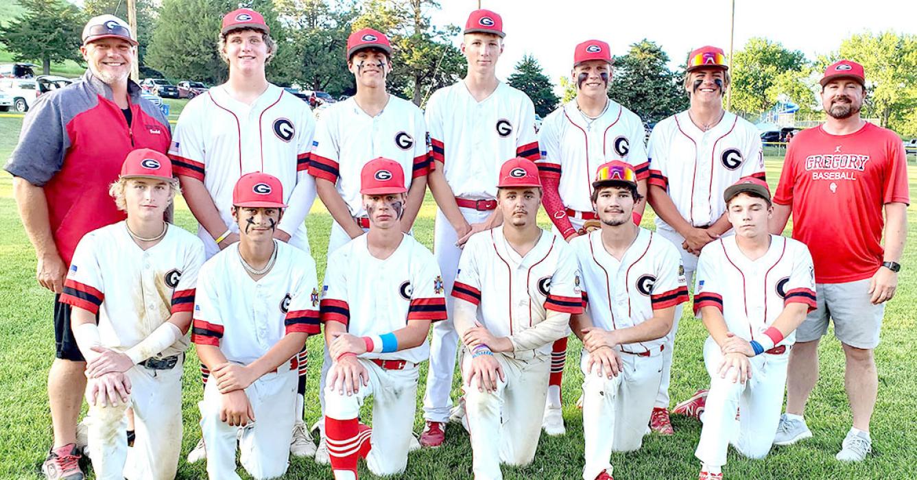 The Gregory County Legion 18U team is pictured above. Shown back row, l to r, are Coach Neil Hylla, Rane Kenzy, Noah Bearshield, Colt Keiser, Kade Braun, Gannon Thomas, and Coach Andy Thomas. Front row, l to r, are Jad Leber, Cash Hemming, Lincoln Juracek, Jader Schonebaum, Rylan Peck, and Sawyer Tietgen.