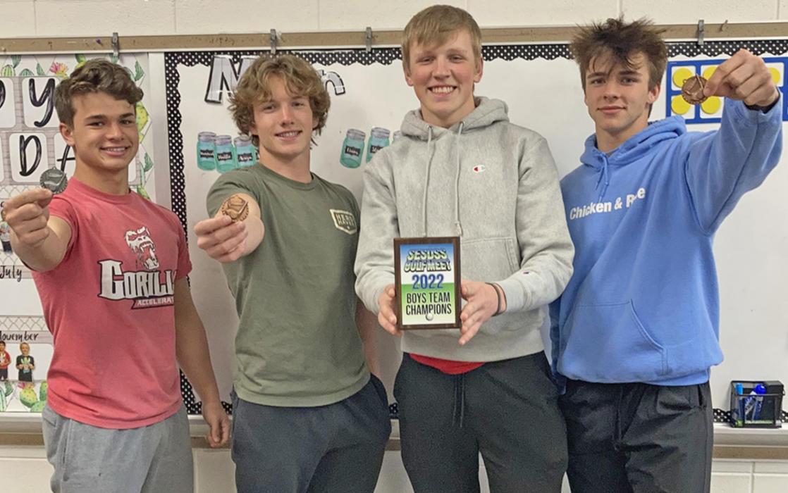 Members of the Gregory boys golf team show their hardware from the SESDSS Golf Tournament in Yankton, April 14. From left, Trey Murray tied for first, Kade Stukel placed third, Kade Braun holds the team plaque for first place, and Eli Fogel finished in fifth. (Submitted photo)