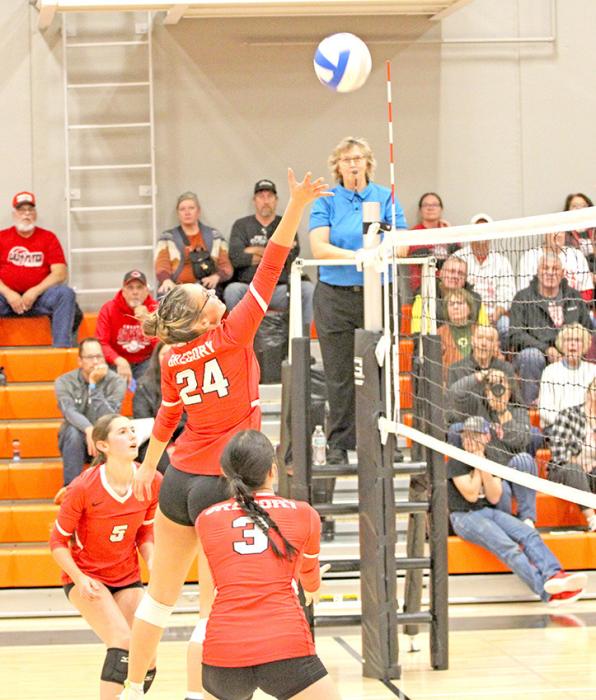 Aubree Miller, #24, uses her height at the net. (Photo by Sara Anderson)
