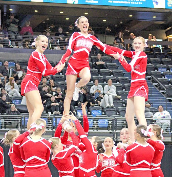 The Gregory competitive cheer team completes a daring stunt at the state tournament in Rapid City over the weekend. (Photos by Sara Anderson)