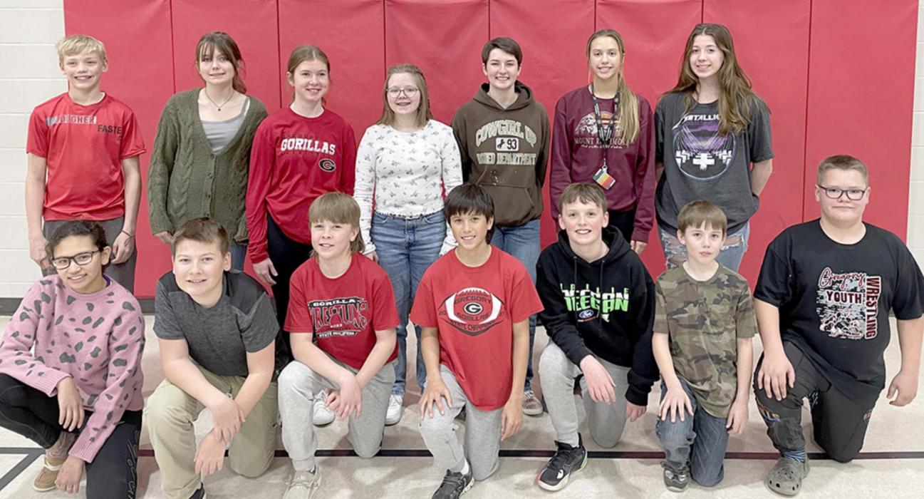 Gregory fifth through eighth chorus students who received a I+ in the Gregory Invitational Vocal Music Contest include the following back row, l to r: Avery Sengelmann, Piper Bartlett, Dani Timanus, Madi Graber, Shyann Steffen, Addy Stukel and Ella Sperl. Front row, l to r: Eliana Fiebelkorn, Tyce Schweigert, Wyatt Beck, David Biggins, Jacob Klein, Joseph Stevicks, and Austin Vosika. (Submitted photo)