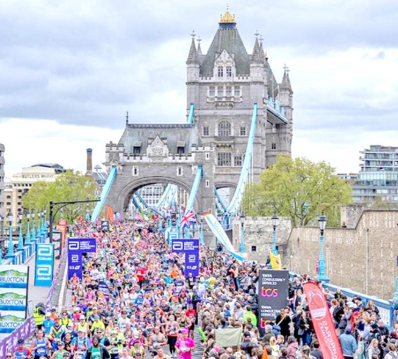 The Tower Bridge in London is congested with runners during the London Marathon. (Submitted photo)