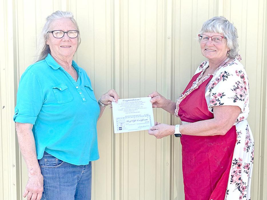 May is National Beef Month and a time to show our appreciation to the farmers and ranchers for their hard work to provide high quality protein to our tables. The Rosebud Rancherettes donated beef certificates to ROCS Dining Services. Deanna Nelson, left, representing Rosebud Rancherettes, presented Cathy Hansen, right, with the certificates.