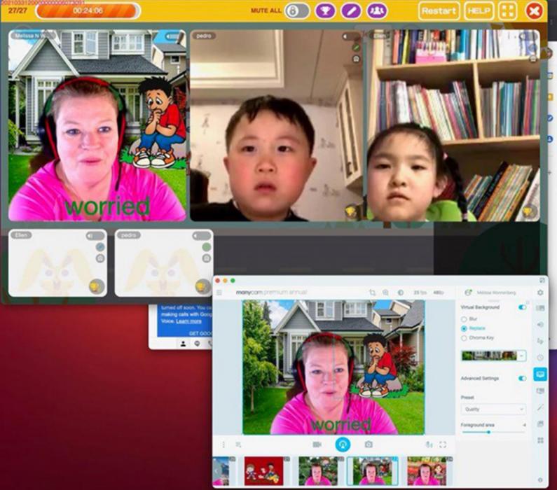 This is an example of Melissa Wonnenberg’s screen as she teaches English to Chinese children. Since she doesn’t speak Chinese, children learn the meaning of the word from cues on the screen while they learn proper English pronunciation.