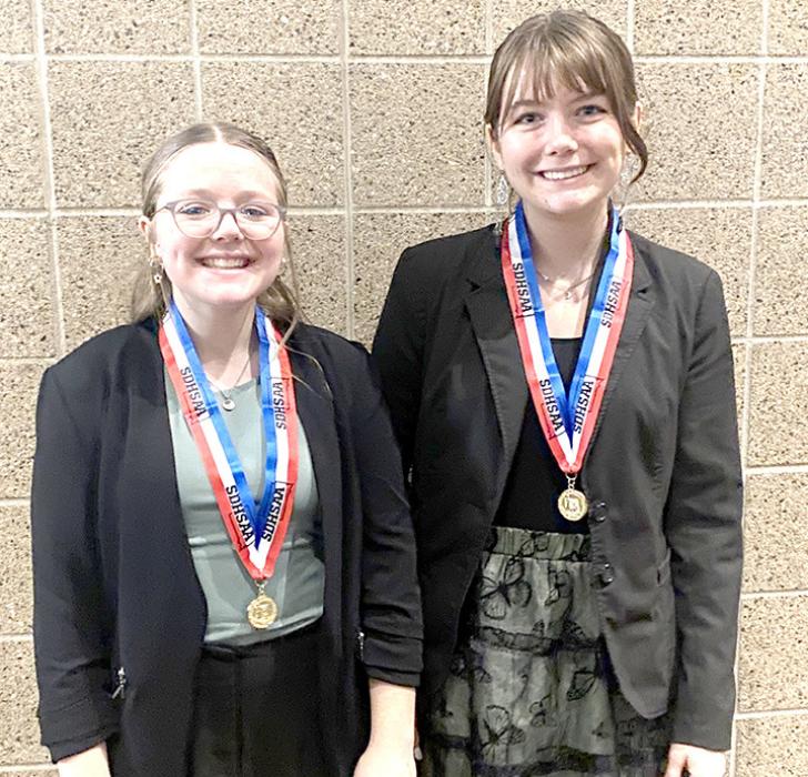 On Saturday morning, the duo of Madisan Graber, left, and Piper Bartlett, right, performed the piece “13 Ways to Screw Up Your College Interview.” Two judges ranked the duet as a six, and one ranked it an eight to receive a superior. (Photos submitted by Ronda Graber)