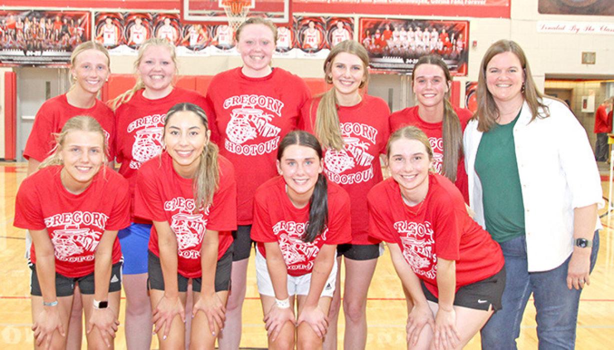 The girls West team consisted of back row, l to r: Kailee Frank (Burke, 8 pts), Paige Bull (Burke, 10 pts), Olivia Bull (Burke), Allison Stevicks (Gregory), Keelie Kuil (Winner, 6 pts), and Coach Katie Bolander. Front row, l to r: Ashlyn Vosika (Gregory, 6 pts), Skyler Krogman (White River, 8 pts), Adysen Pravecek (Winner, 13 pts), and Bridget Lewis (North Central, 3 pts).