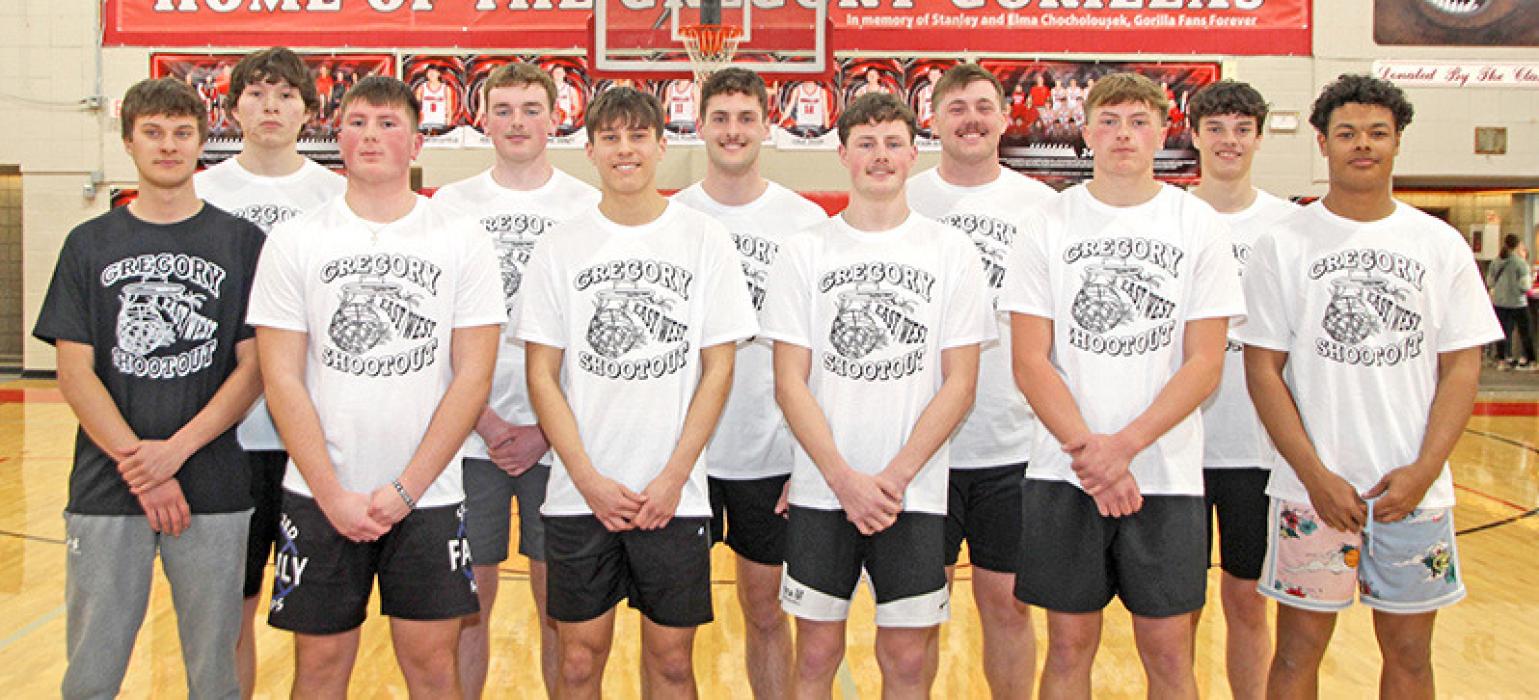 The boys East team consisted of back row, l to r: Brady Cournoyer (Wagner, 17 pts), Jackson Bolander (Gregory, 4 pts), Cole Serr (Gregory, 7 pts), Tyson Wentland (Corsica/ Stickney, 6 pts), and Ryder Niewenhuis (AC/DC,11 pts). Front row, l to r: Coach Nick Kenzy, Preston McFayden (Wagner, 9 pts), Noah Bearshield (Gregory, 8 p ts), Cruz Klundt (Gregory, 5 p ts), AJ Johnson (AC/DC, 2 pts), and Aziah Meyer (Avon, 12 pts).