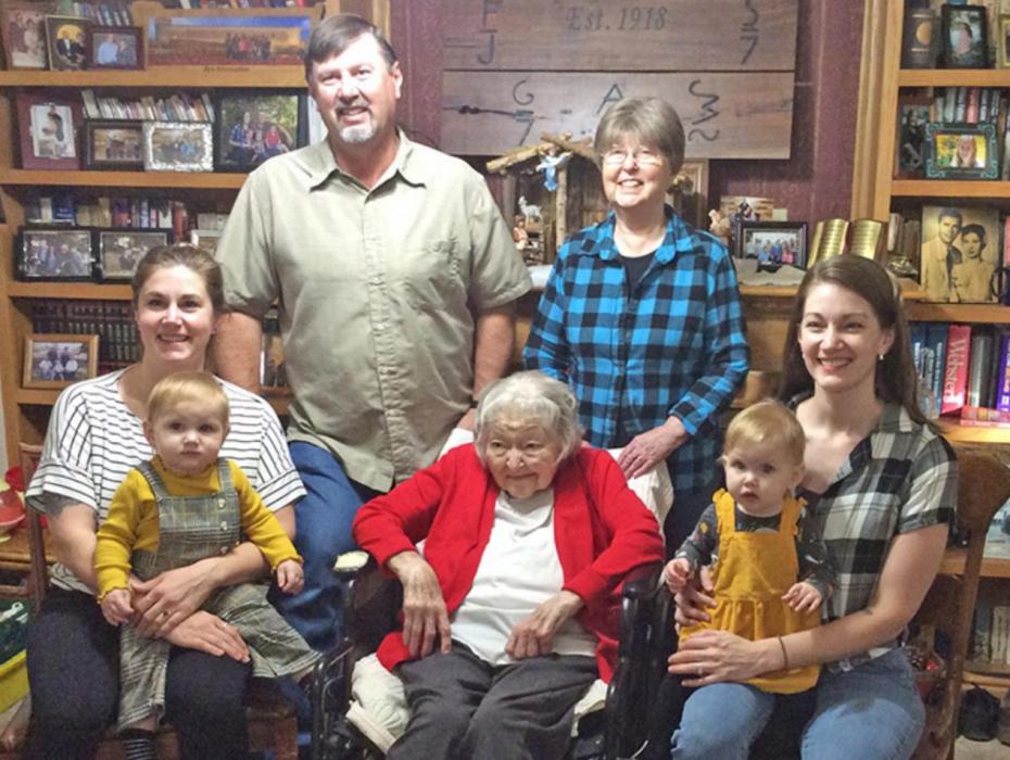 One of many five generation groupings shows Shirley, center, with daughter Diane Smith, back right, Diane’s son Greg, back left, his two daughters Julie Fritz, front left, holding Taelin, and Dana Wockenfuss, holding Collins.