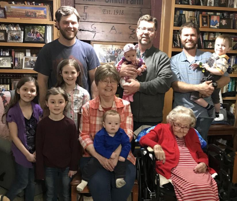 Another 5-generation group shows Shirley with daughter Diane, holding her grandson Malachi, center, Diane’s son Geoff, back center, holding his granddaughter Marie, his two sons Jacob, left, and Levi, right, and their children, l to r: Lydia, Elizabeth, and Leah.