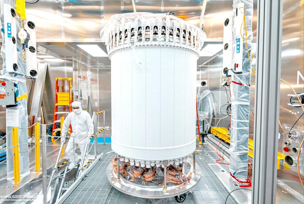 The LUX-ZEPLIN main detector in a surface lab before installation underground. (Photo courtesy of Matthew Kapust/Sanford Underground Research Facility)