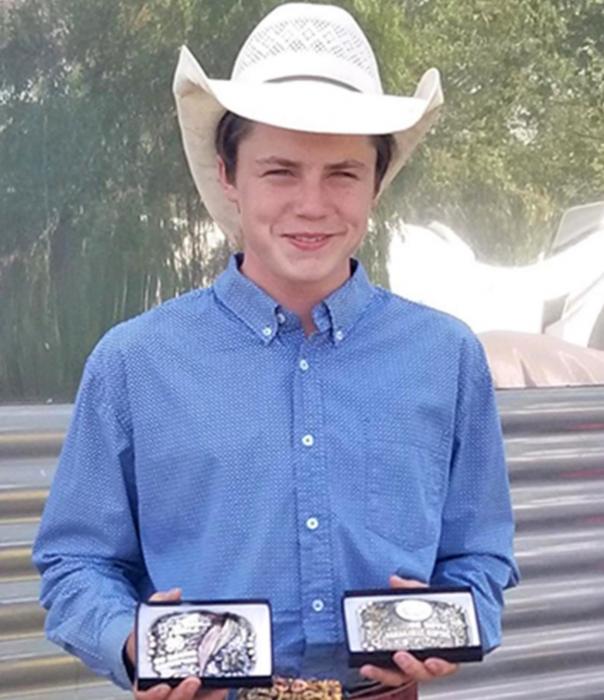 Pierce Stukel of Gregory, pictured with his new buckles.