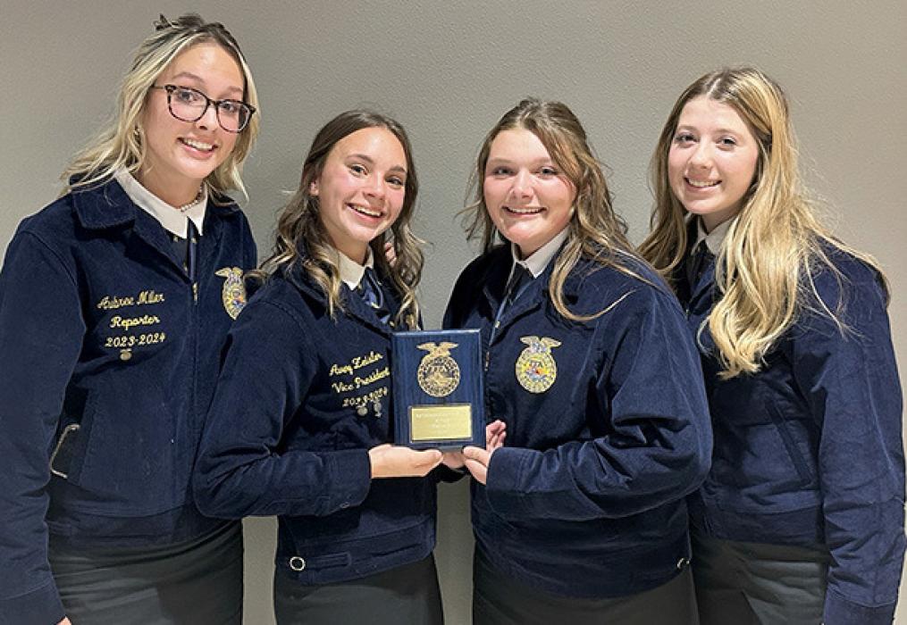The team of l to r: Aubree Miller, Avery Zeisler, Ava Kerner, and Ella Sperl, took first place in the Ag Communications division. (Photos by Aubree Miller, FA reporter)